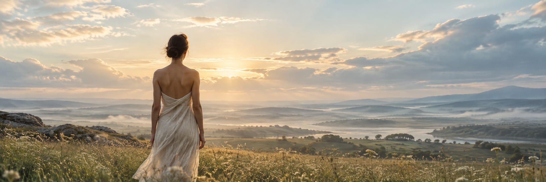 Woman in a white dress stands in a field at sunrise, misty hills and a winding river visible in the background.