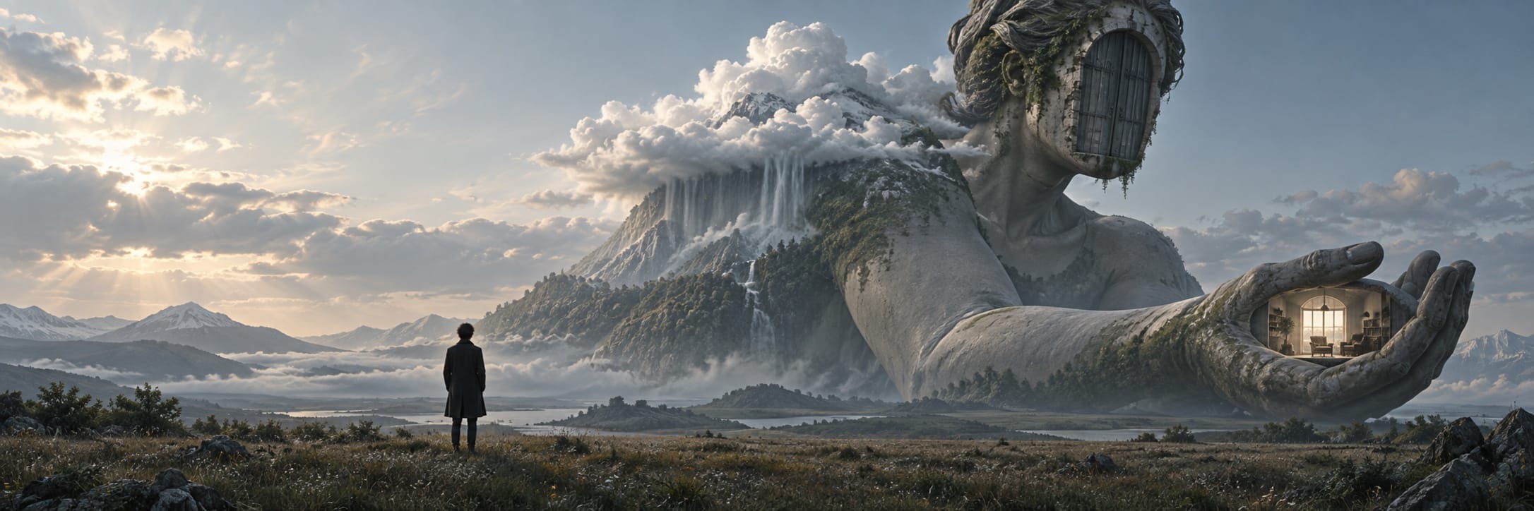 A person stands before a mossy statue holding a room, with a waterfall pouring from its head beneath cloudy skies.