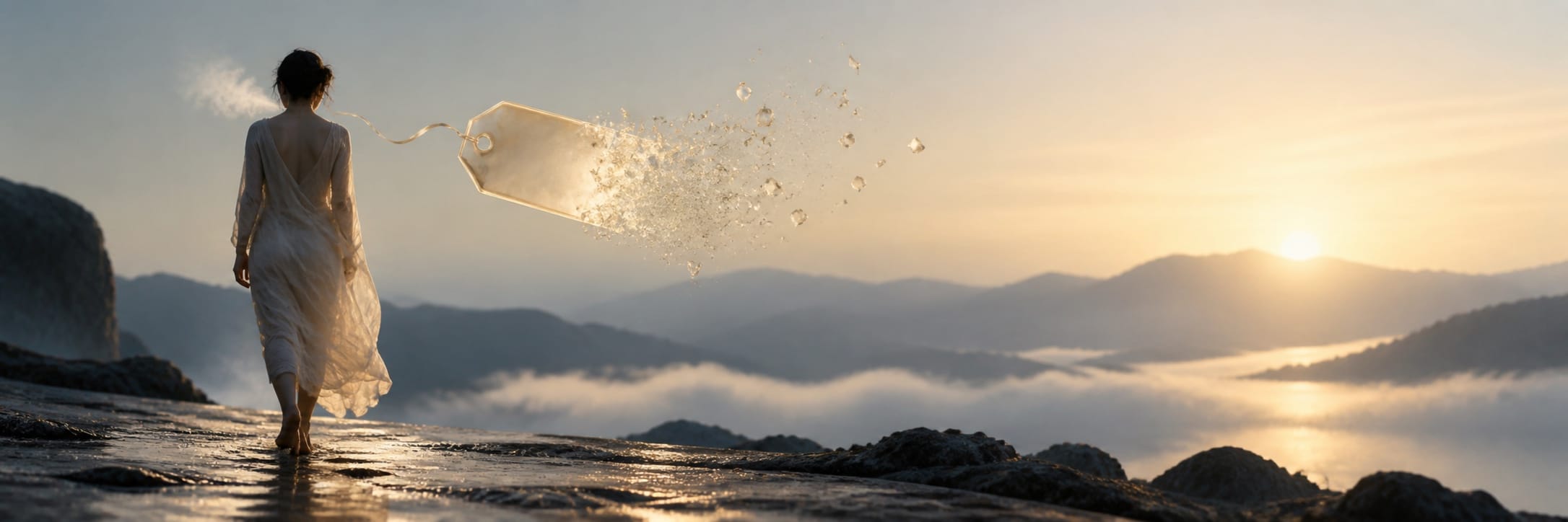 Woman in a white dress walks on wet ground at sunrise, strength and spirit reflected in a glass tag and splashing droplets.