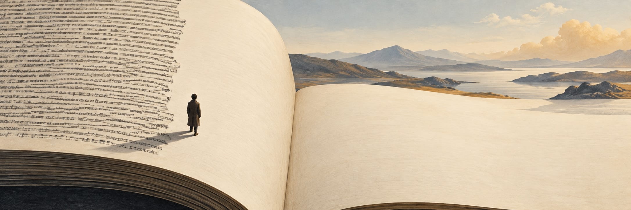 A person stands on a giant open book, looking toward a surreal landscape with mountains, water, and clouds.
