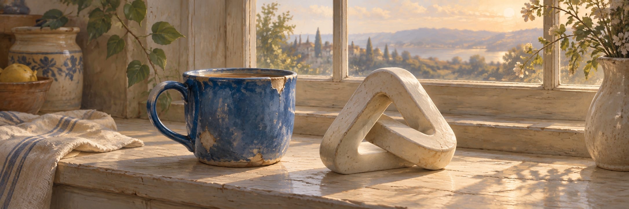 A blue mug and a white looped sculpture sit on a sunlit windowsill.