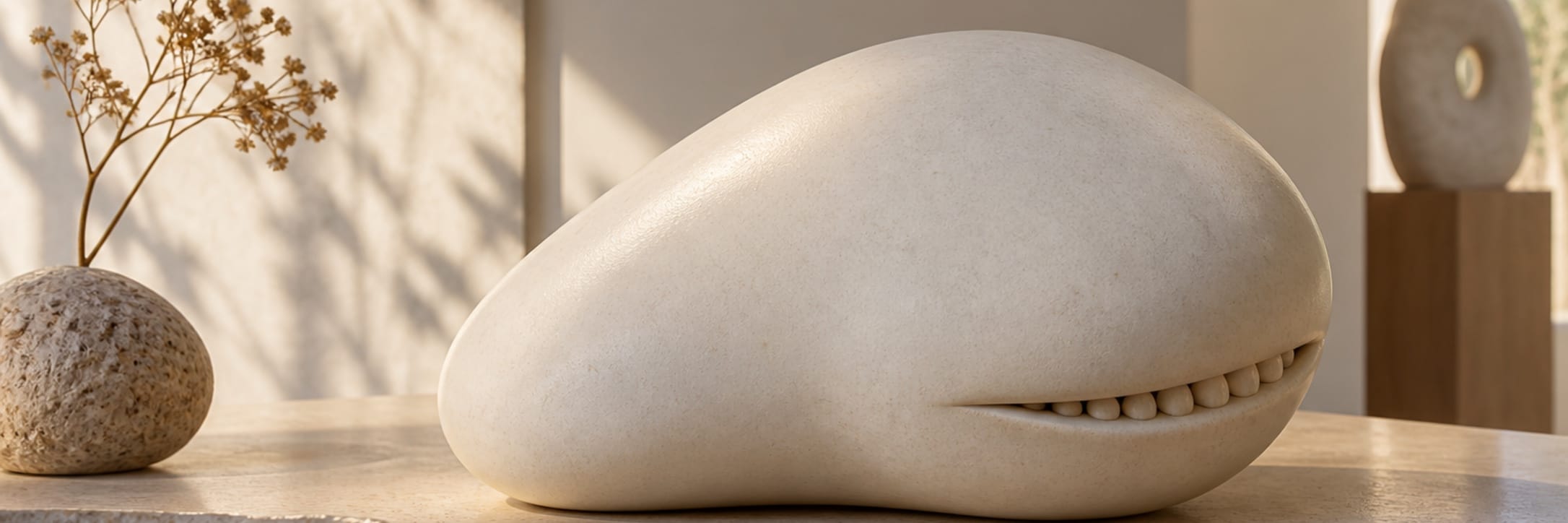 A smooth pale ceramic form with a small row of teeth rests on a wooden table.