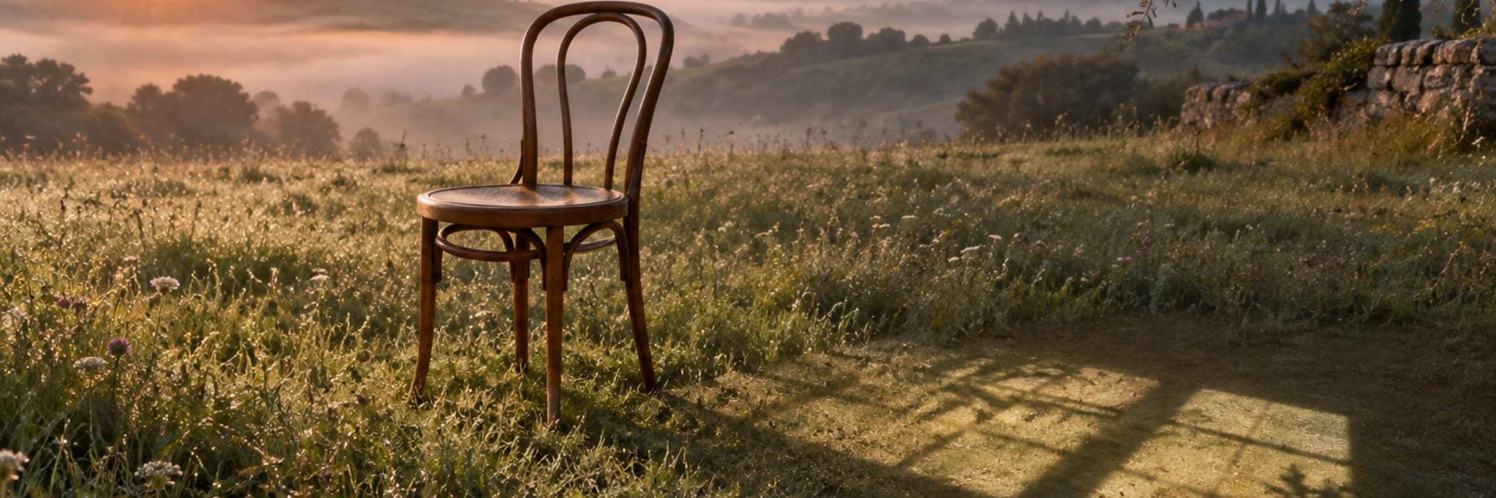 A single wooden chair stands in a grassy field at sunset.