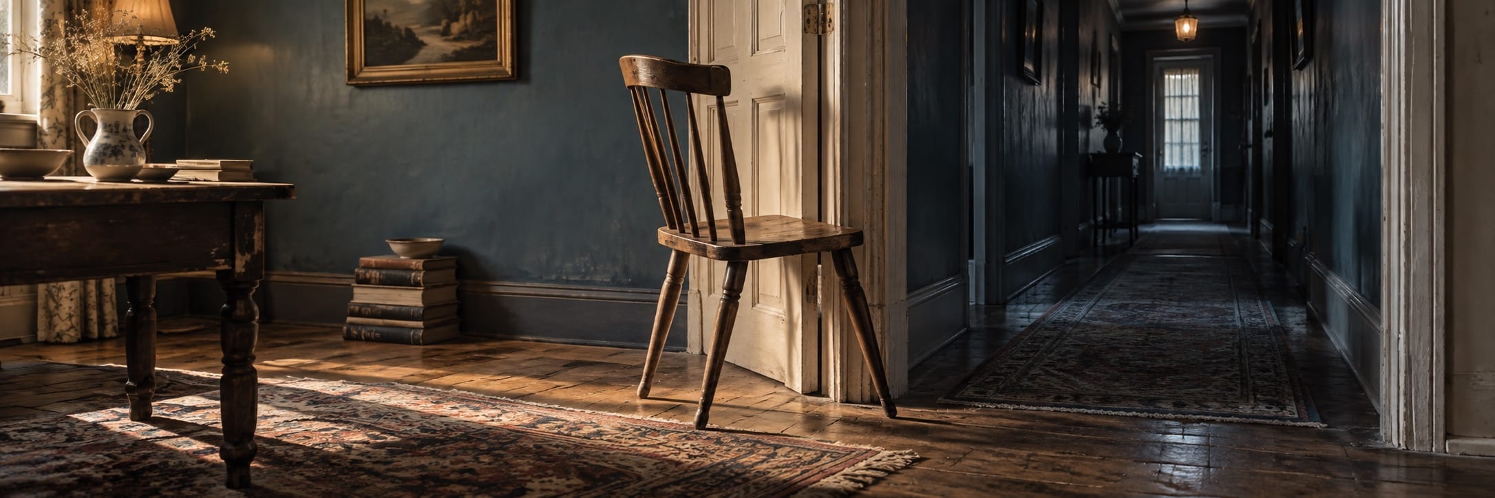A wooden chair by a table in a surreal hallway with a rug, books, and a vase in a vintage-style interior.