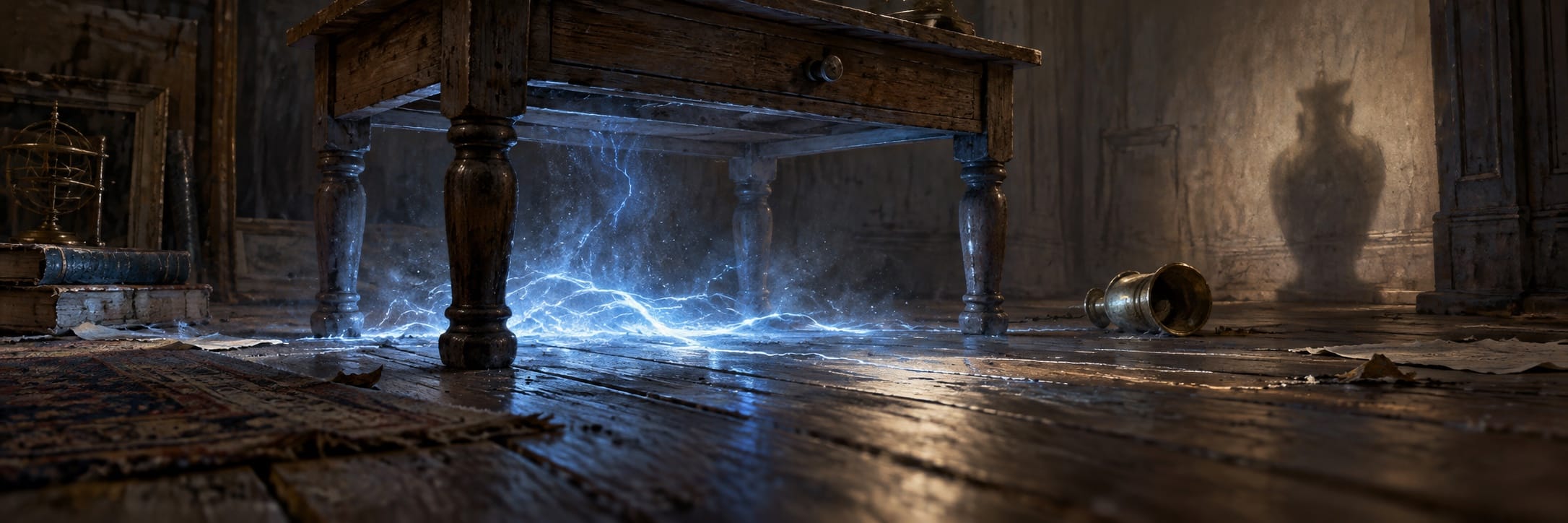 Blue electrical light spreads across the floor beneath a table in a dark room.