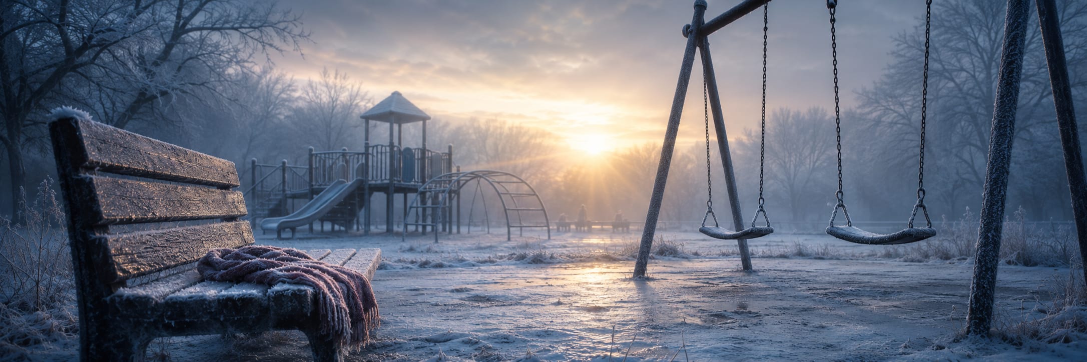 A frosty playground at sunrise with empty swings, a jungle gym, and leafless trees.