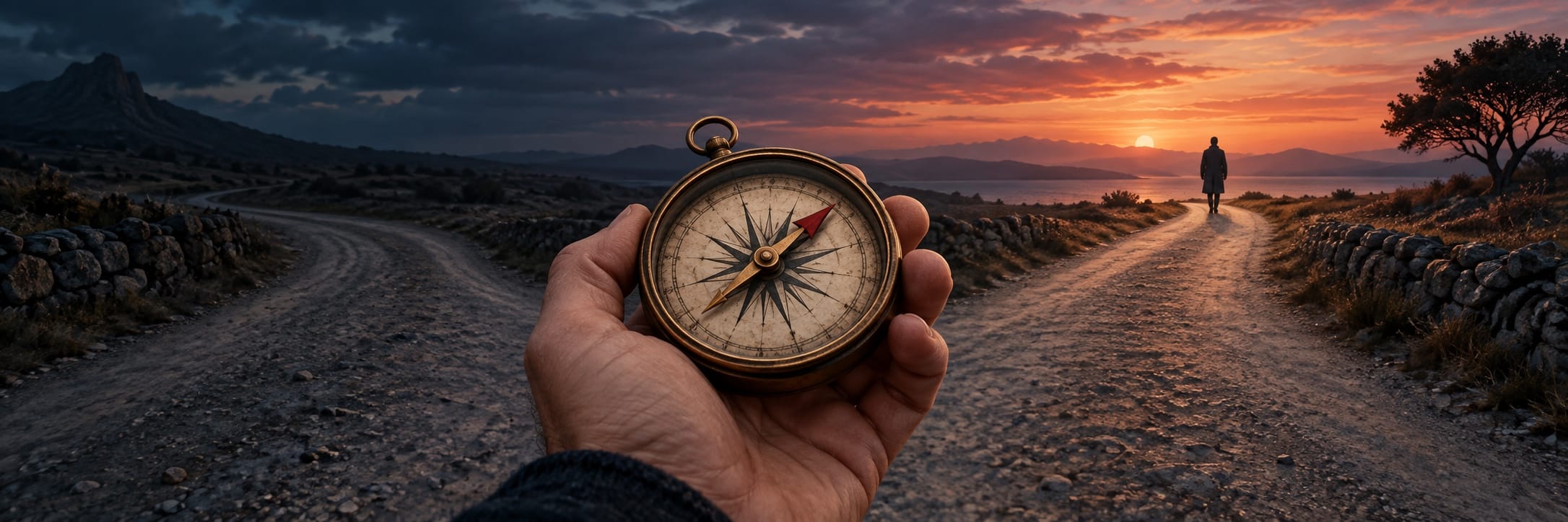 A hand holds a compass between two paths at sunset as a surreal figure walks into the distance along the right path.