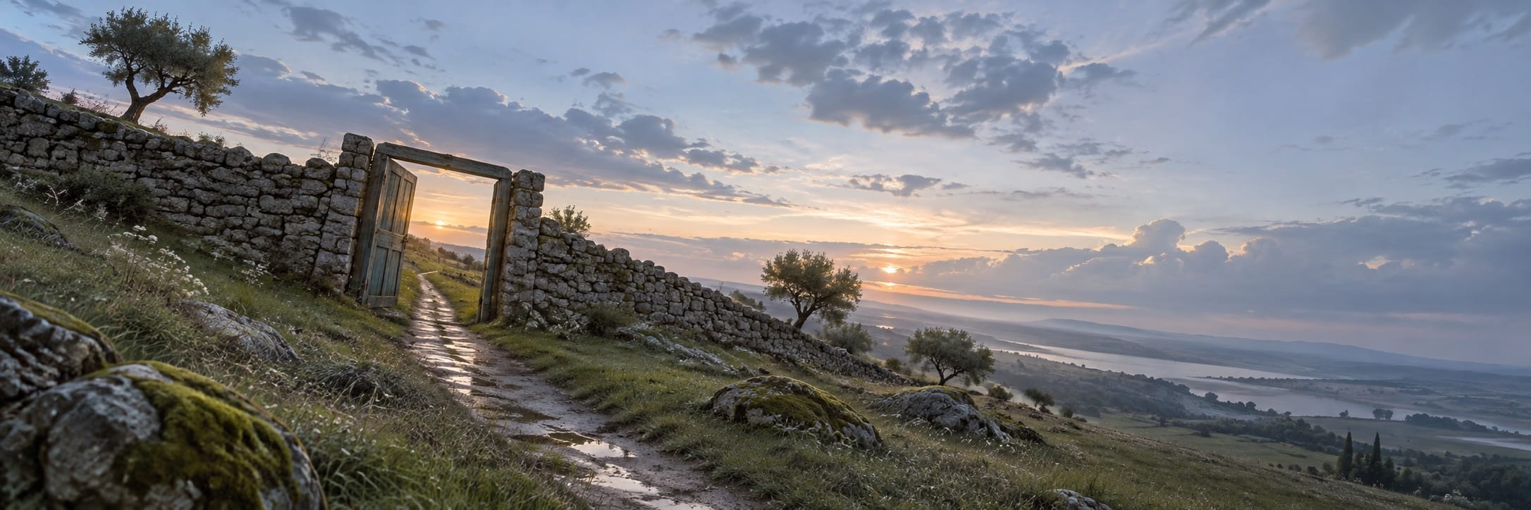 A stone archway stands on a grassy hillside at sunrise, with a winding path leading into cloudy skies.