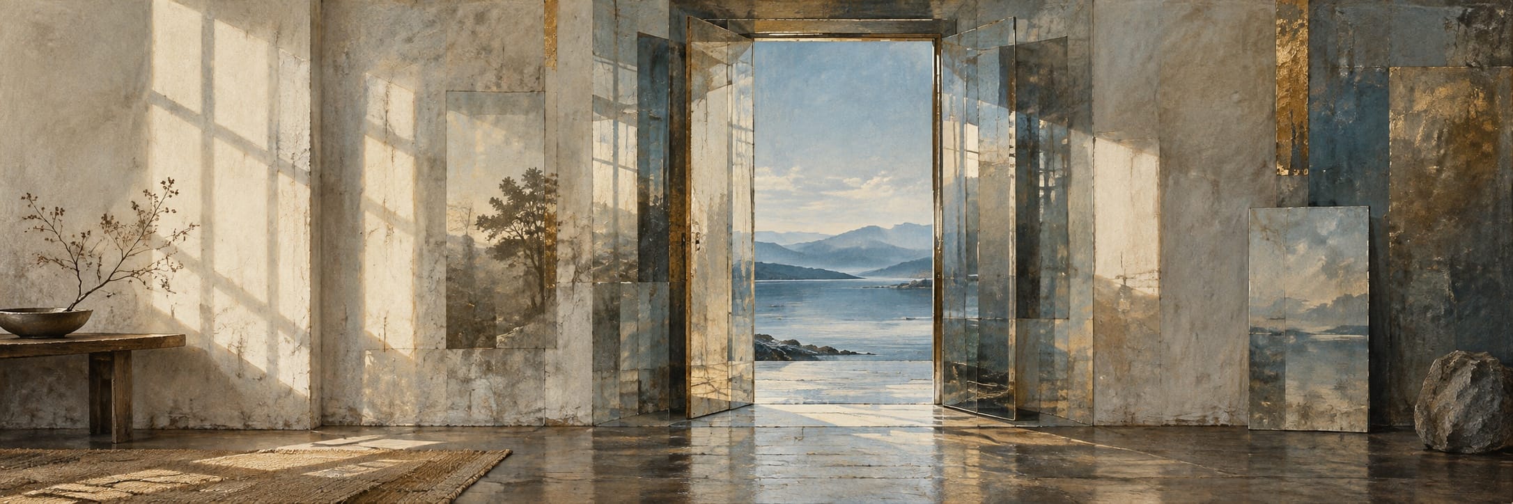 Mirrored panels form a doorway from a sunlit room towards a blue coastal landscape.