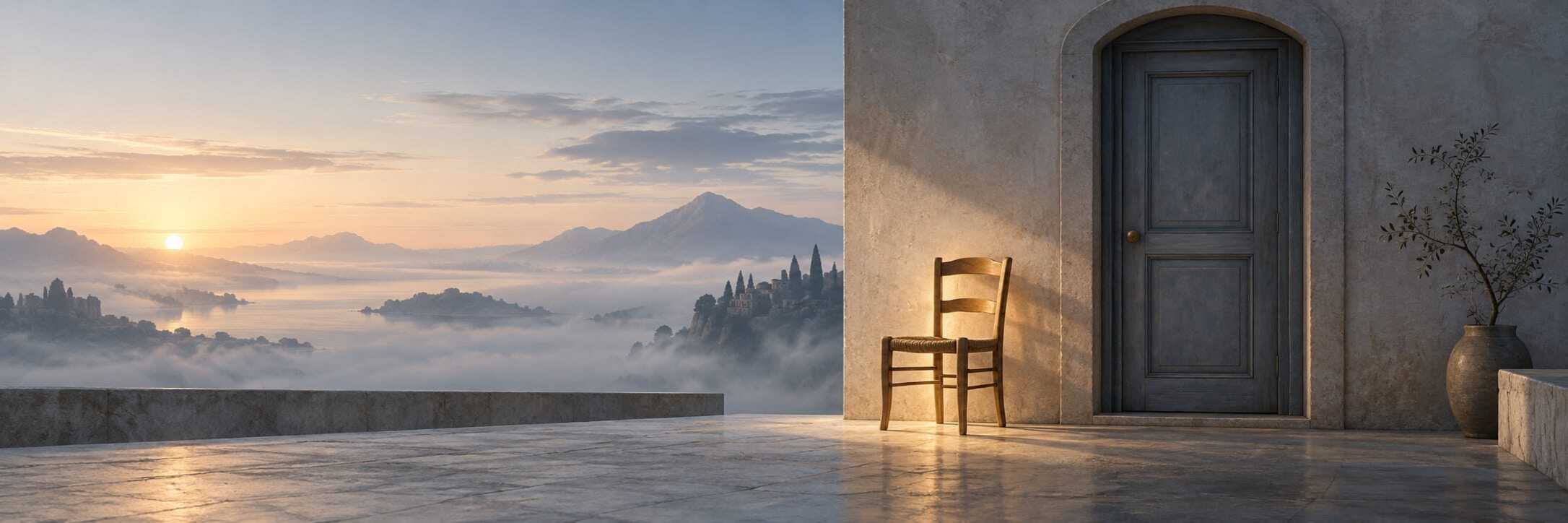 A surreal wooden chair by a closed door on a terrace overlooks a foggy valley and sunrise-lit mountains.