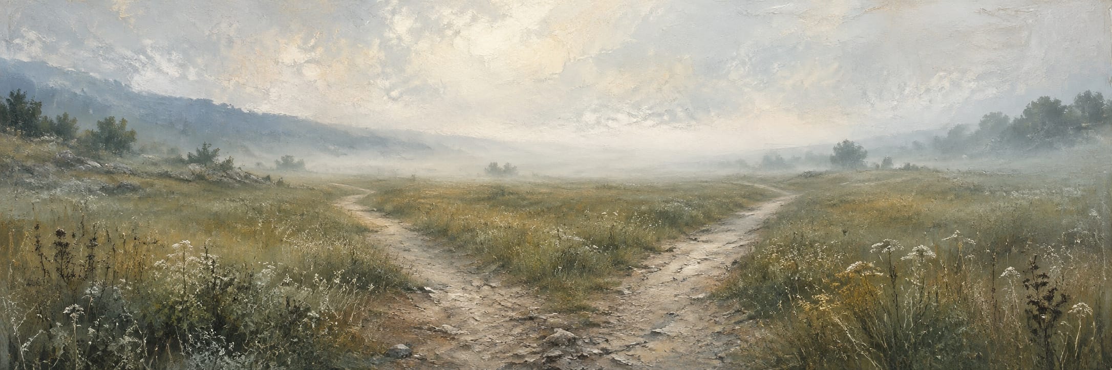 Two paths diverge through a misty meadow beneath a pale sky.