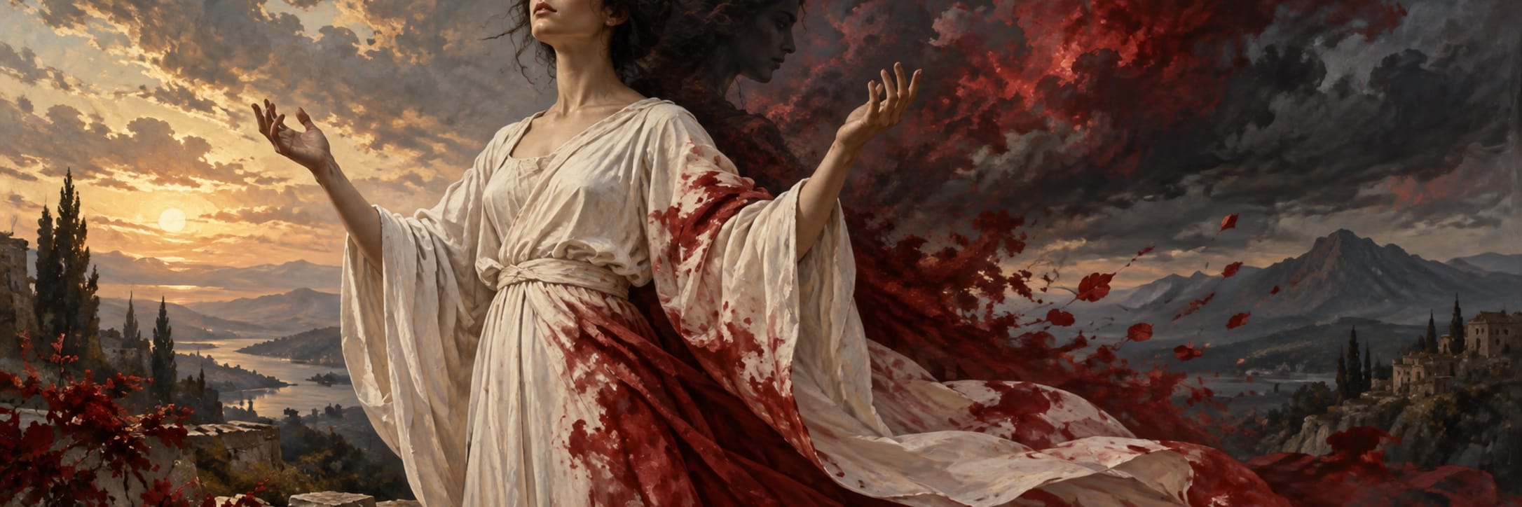 Woman in a white dress with red accents stands with arms raised amid fantastical clouds and rugged mountains.