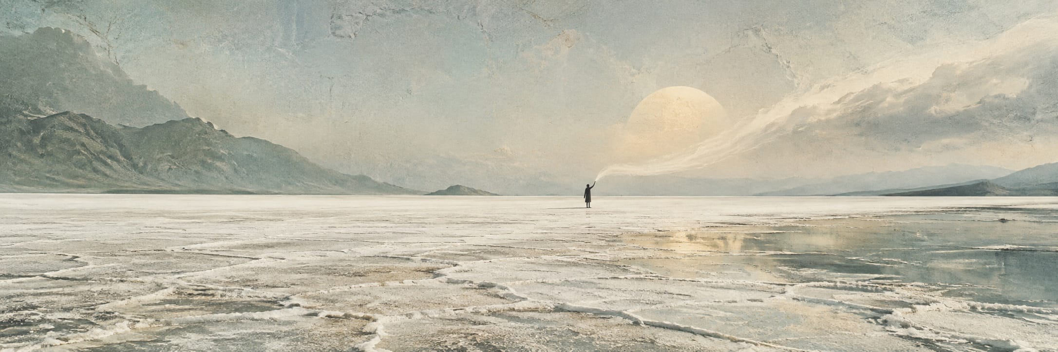 A person stands alone on a cracked salt flat under a large sun hanging low in a hazy sky.