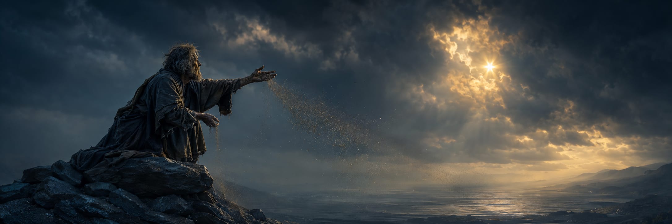 A bearded figure in tattered robes sits on rocks, reaching upward amid nature and a dramatic, chaotic sky.