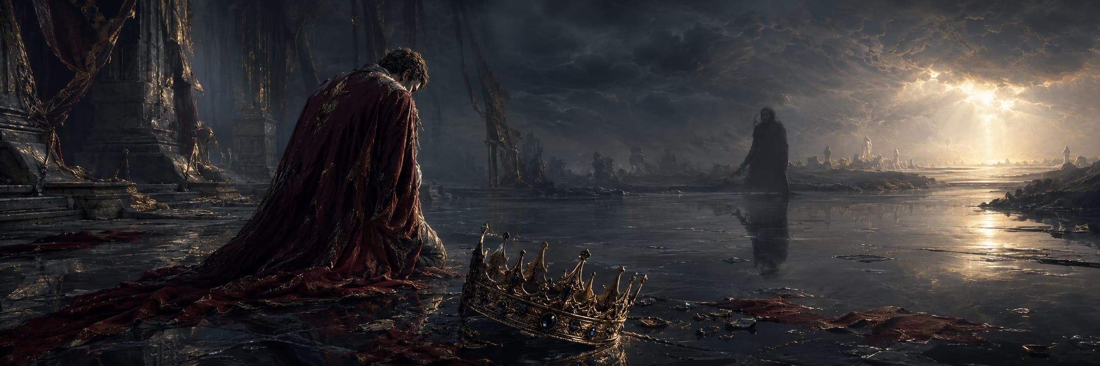 A person in a red cloak kneels by a fallen crown while another walks away into the distance.