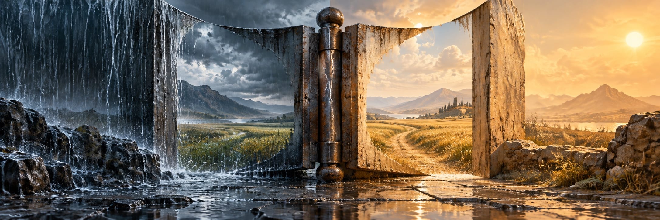 A large gate separates a stormy, rainy landscape from a sunny, fantastical one with mountains in the distance.