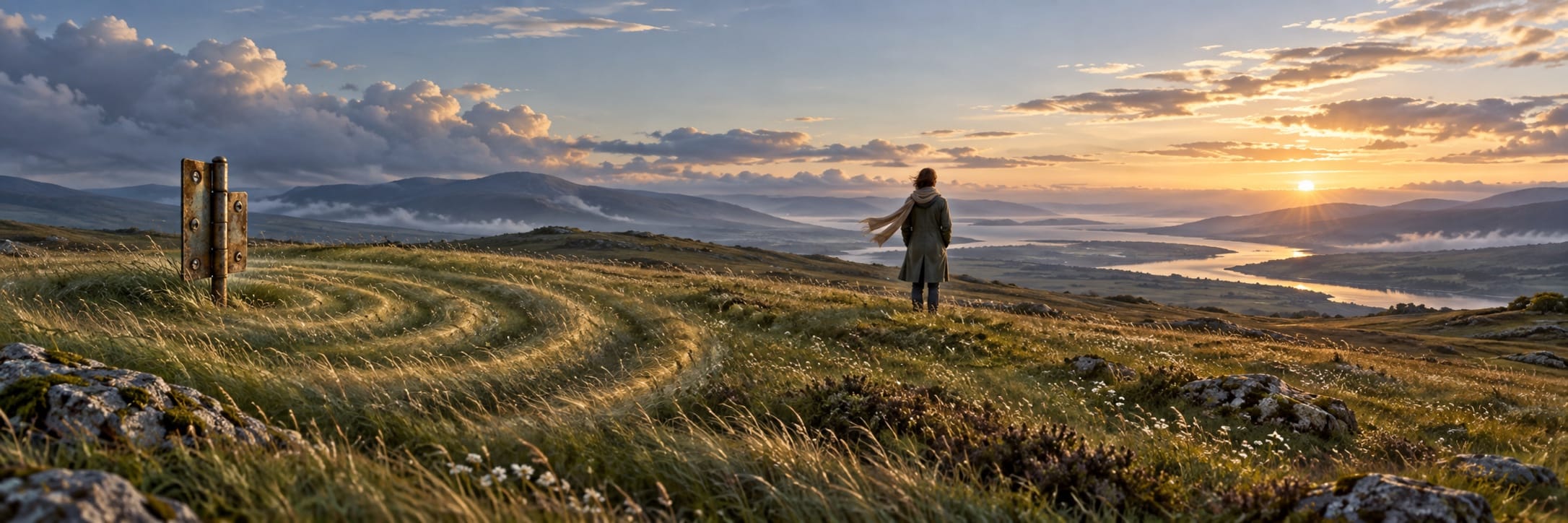 A person stands on a grassy hill at sunset beside a surreal circular pattern, overlooking rivers and distant fantastical mountains.