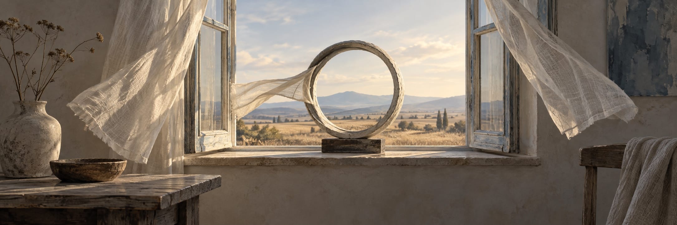 Open window with sheer curtains and a round sculpture on the sill, overlooking scenic rural hills.