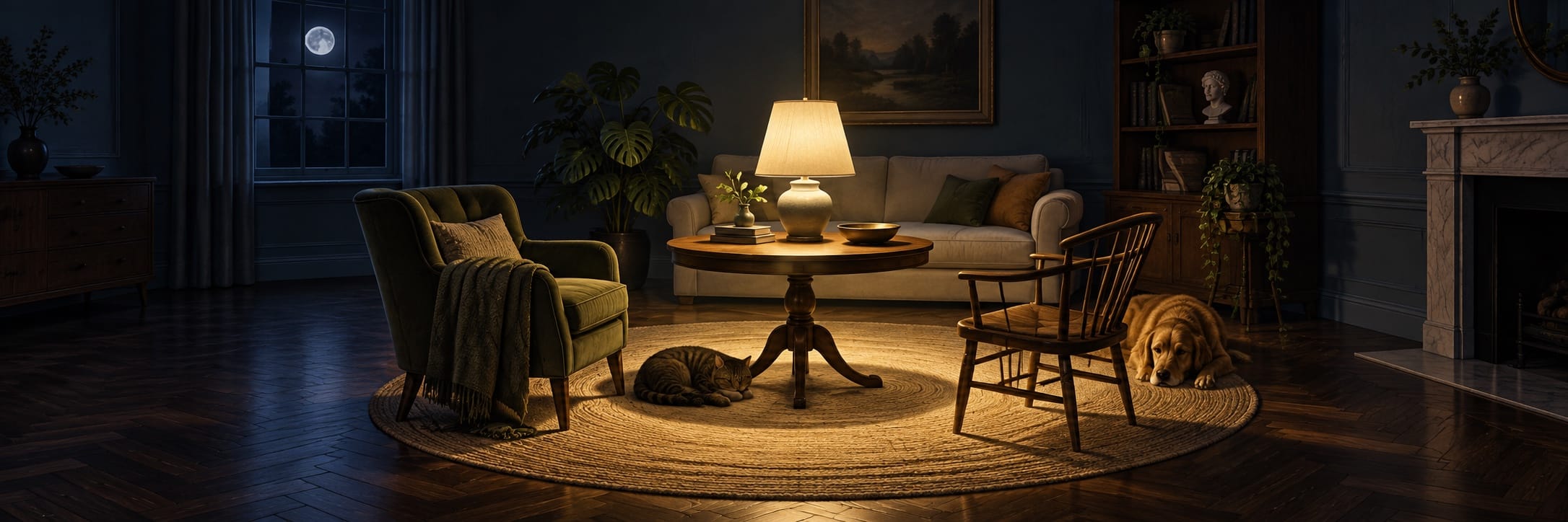 Cozy living room at night with a lamp, armchair, pets, and moonlight showing trees through the window.