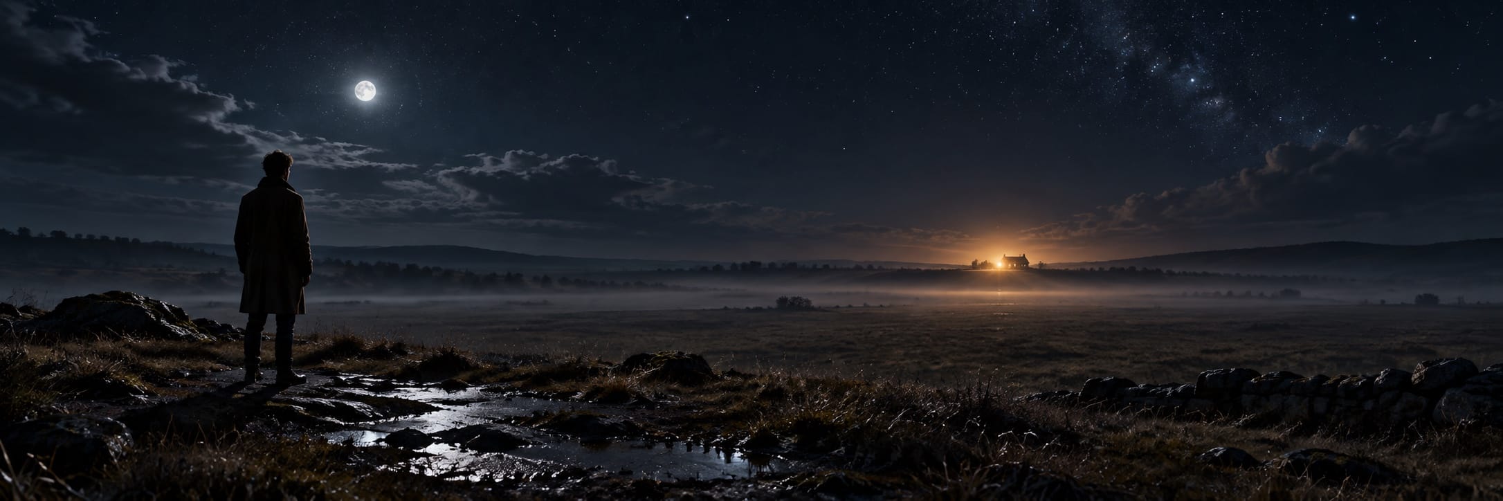 A person stands on rocky ground at night, looking toward a distant lit building beneath the moon and stars.