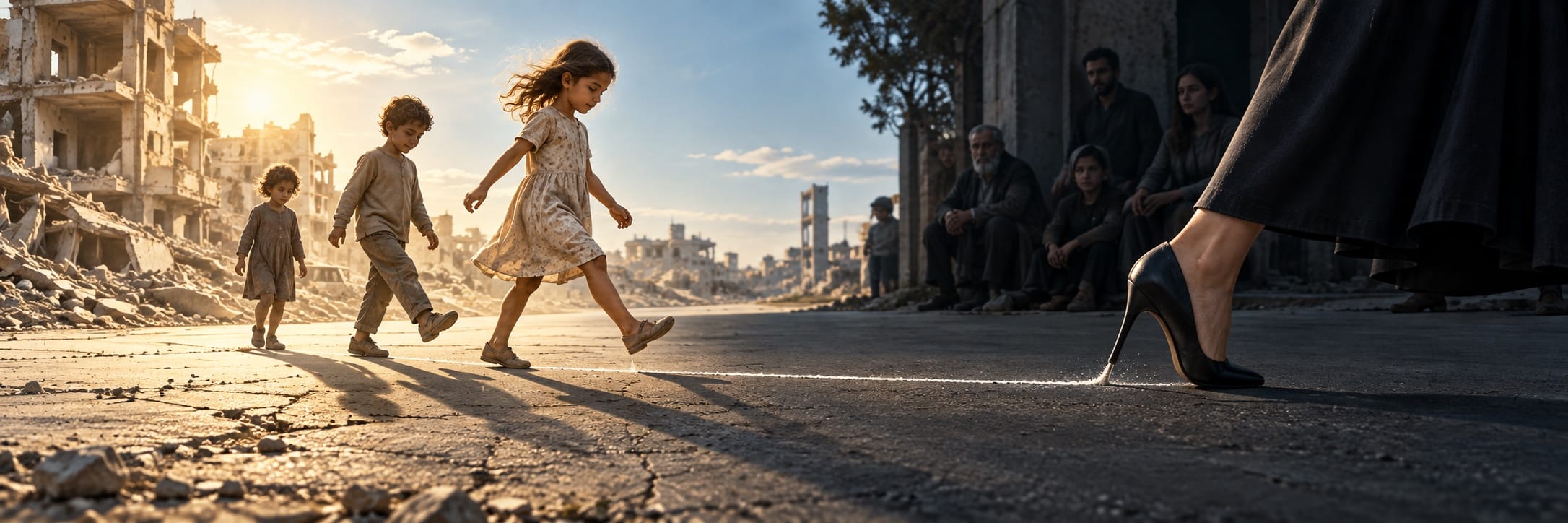 Three children cross a white line through ruins as adults watch nearby and plants begin to overtake the damaged city.