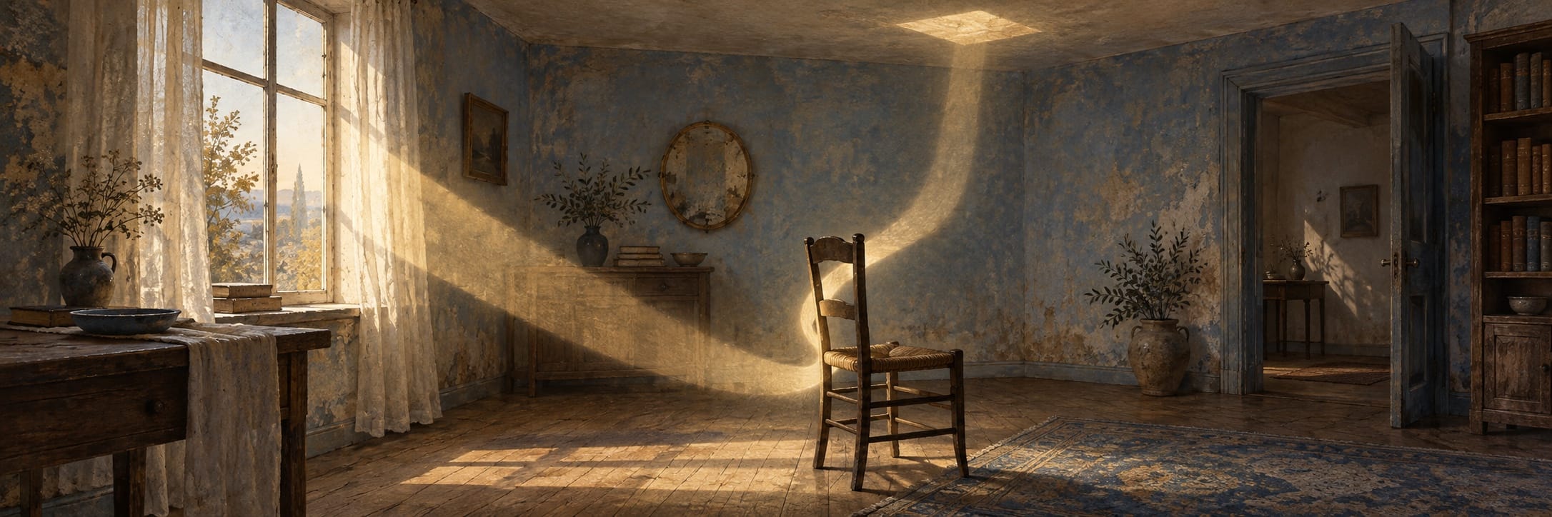 A curved beam of sunlight crosses a blue-walled room and bends around a wooden chair.