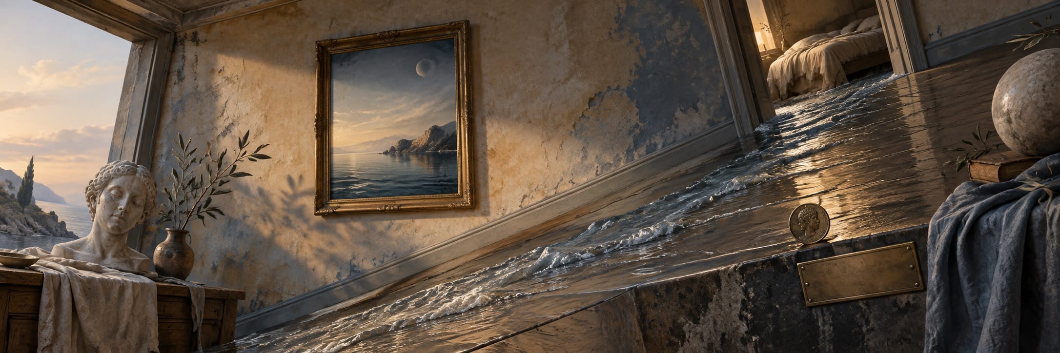 A tilted surreal room with water on the floor, a bust, framed seascape, and whimsical objects on tables and a bed.