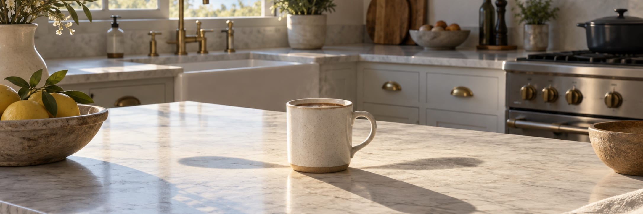A white mug sits alone on a pale table under soft morning shadows.