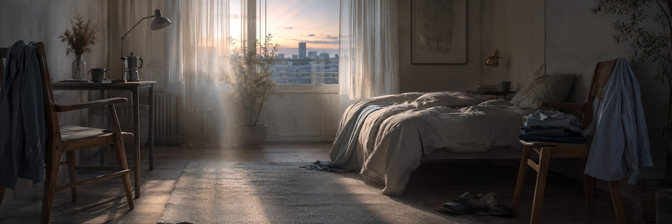 Unmade bed and scattered clothes in a bedroom, with a cityscape reflected in the window.