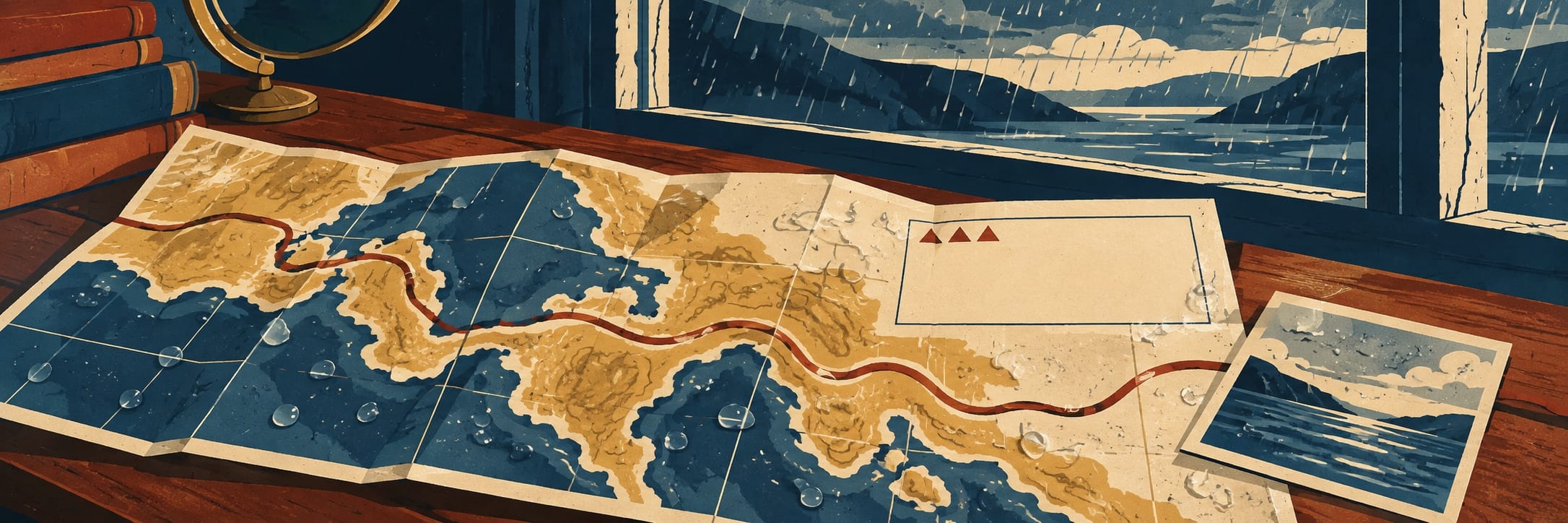 A folded map with a red route line and raindrops lies on a desk beside books and a globe, with a rainy coastal view beyond the window.