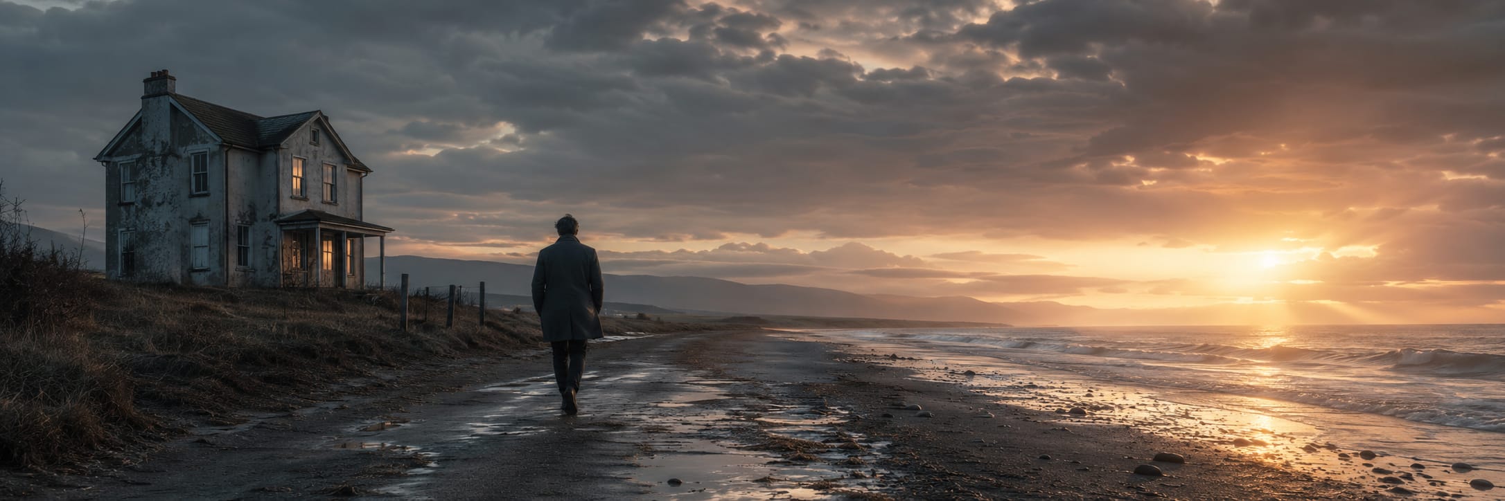 A person walks alone on a beach at sunset near an old house, with dramatic clouds and crashing waves.