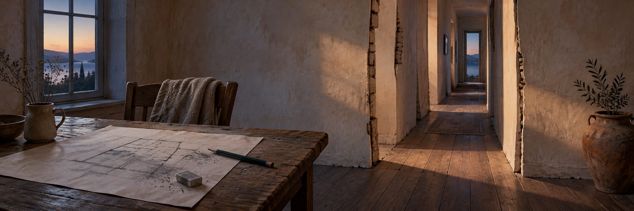 Surreal rustic room with a wooden table, architectural drawing, mugs by a window, and a fantastical hallway with vases.