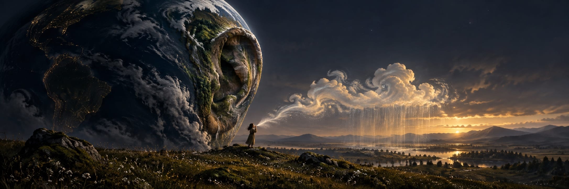 A child blows into a giant ear on the ground, creating clouds from sound as nature and reflections blend at sunset.
