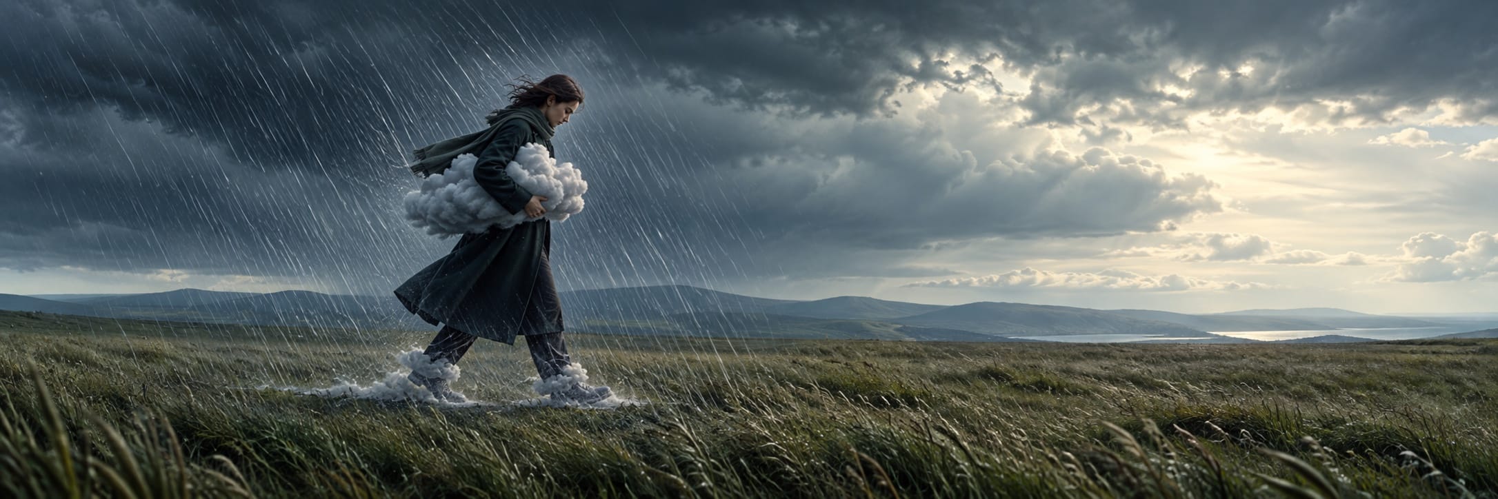 A person walks through rainy grassy plains, carrying a bundle of clouds, with distant hills and dark clouds in the background.