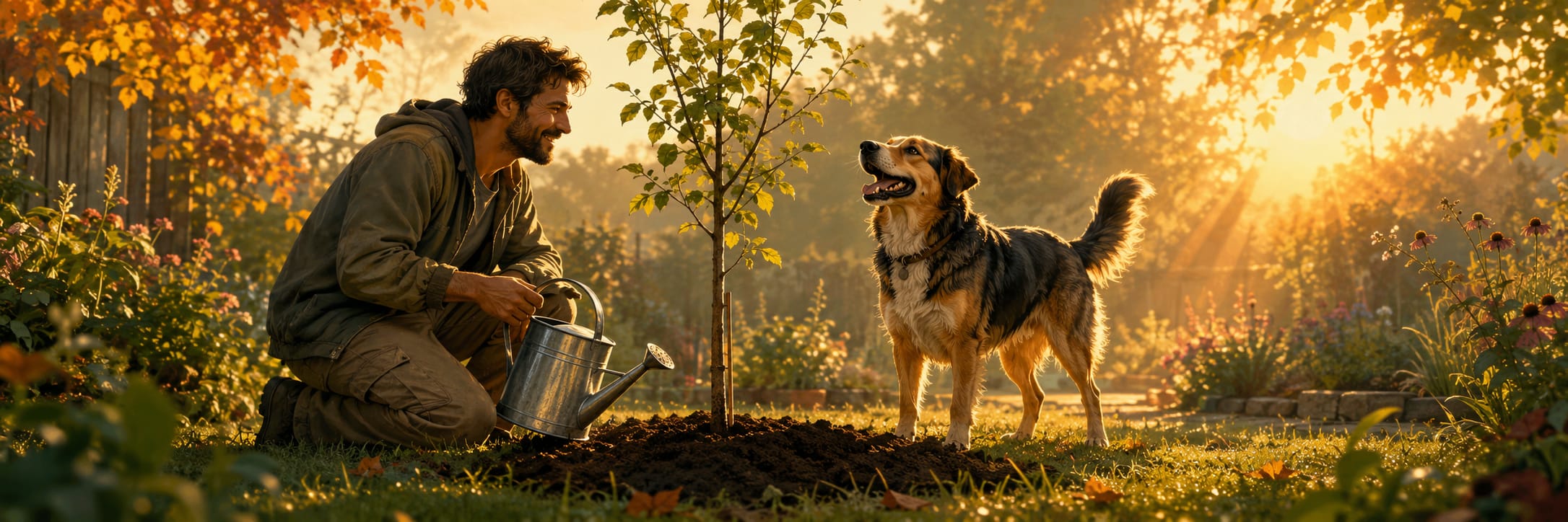 A man kneels to water a young tree in a garden, with his happy dog beside him, capturing a scene of care and vitality.