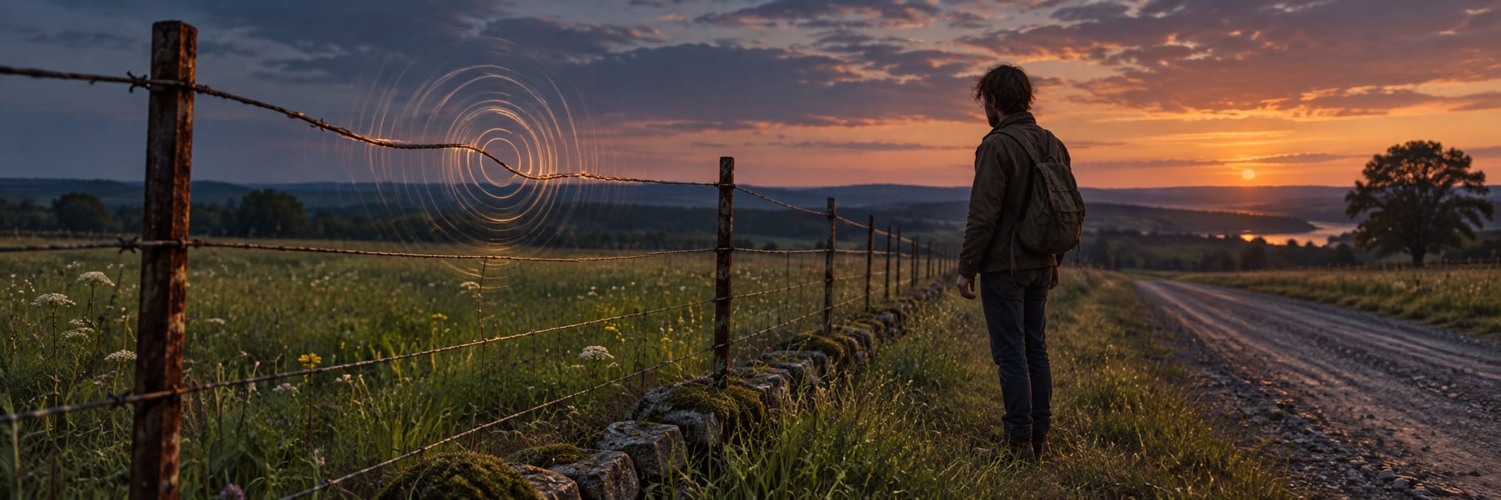 A person stands by a barbed wire fence on a rural road at sunset, observing reflections in the circular ripples on the wire.