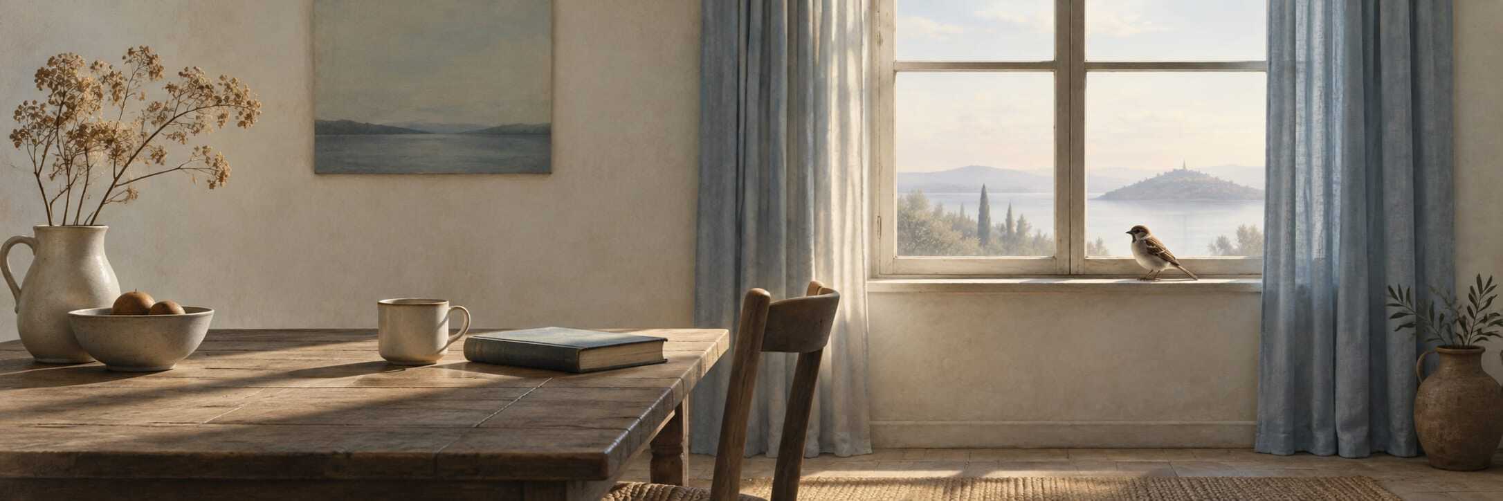 A surreal wooden table with books and dishes sits by a window where a fantastical bird perches, overlooking a lake beyond blue curtains.