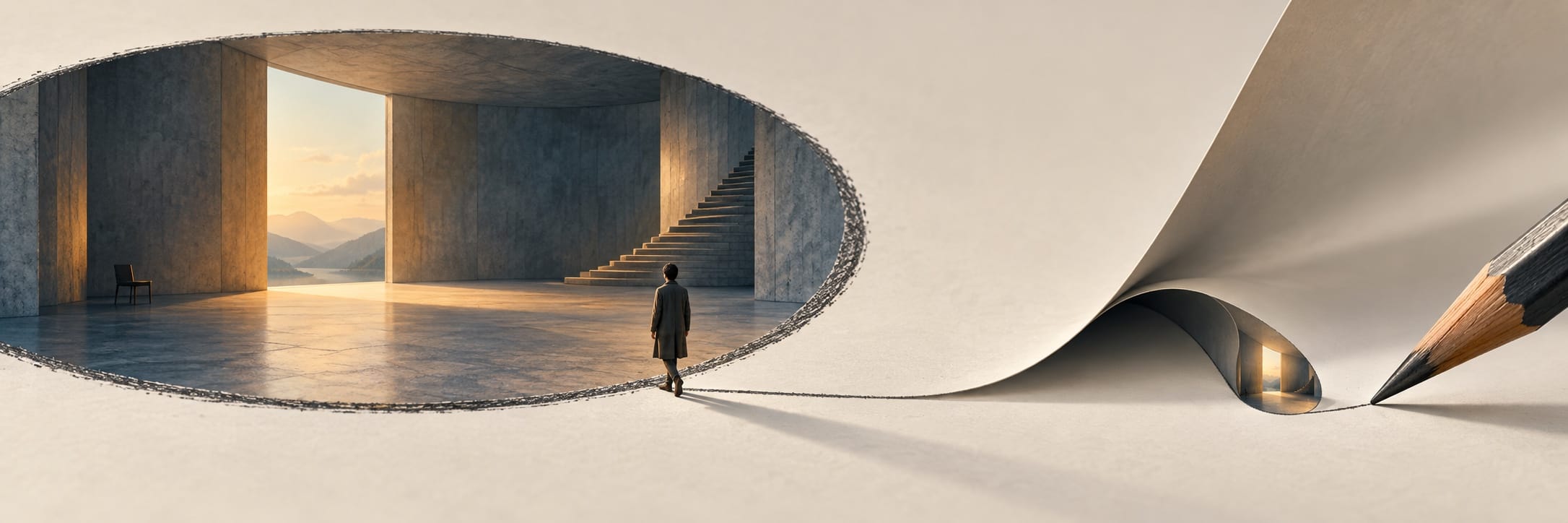 A person stands in a surreal room with torn paper edges, near a pencil and staircase, gazing at fantastical mountains through an opening.