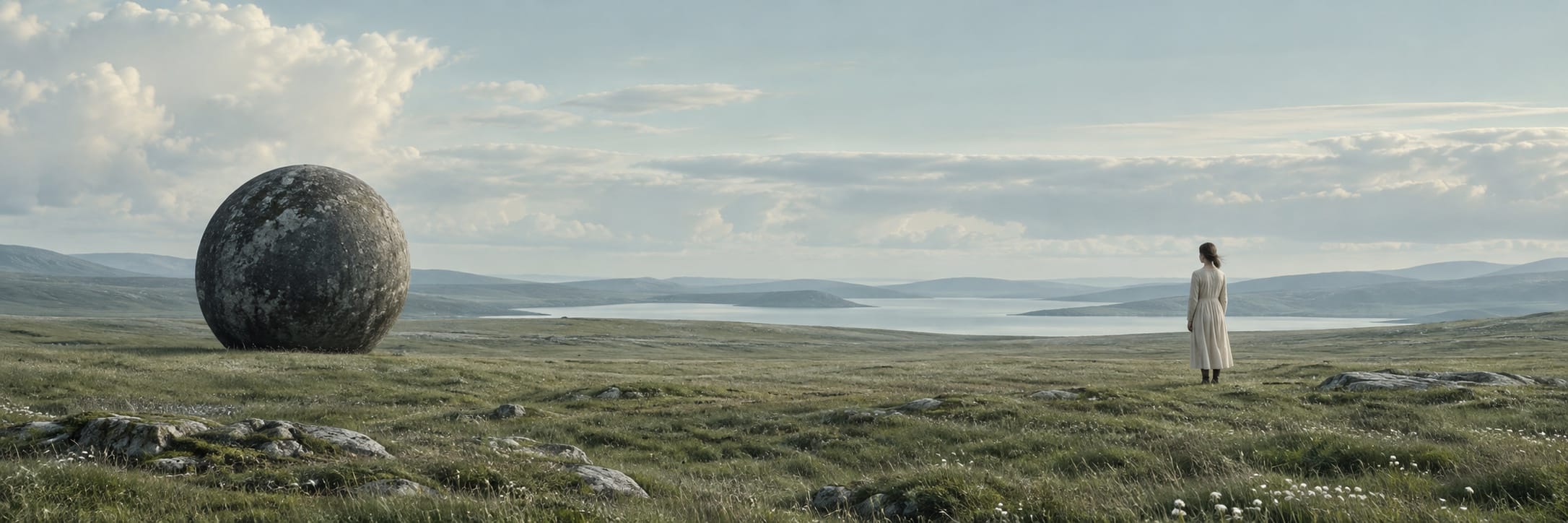 A person in a coat stands on a grassy plain, facing a stone sphere with hills and a lake in the background.