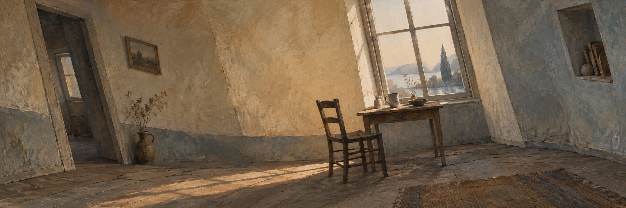 A wooden chair and table sit inside a room whose walls and window lean at an angle.