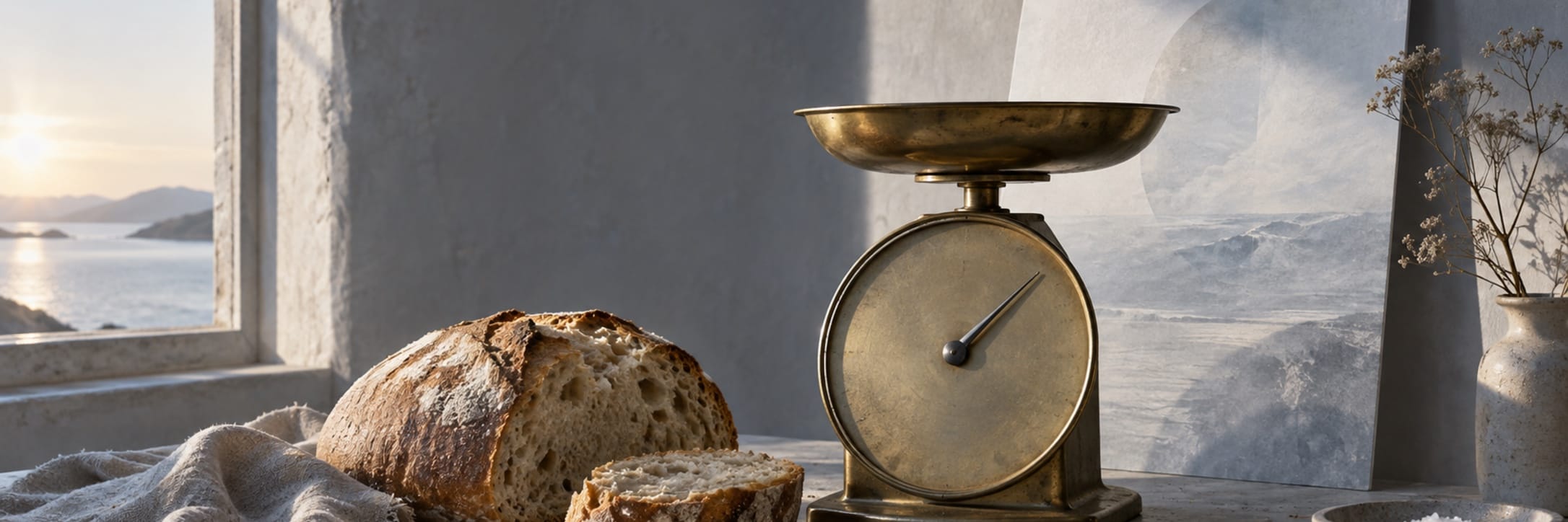 An old brass kitchen scale stands beside a loaf of bread in pale morning light.