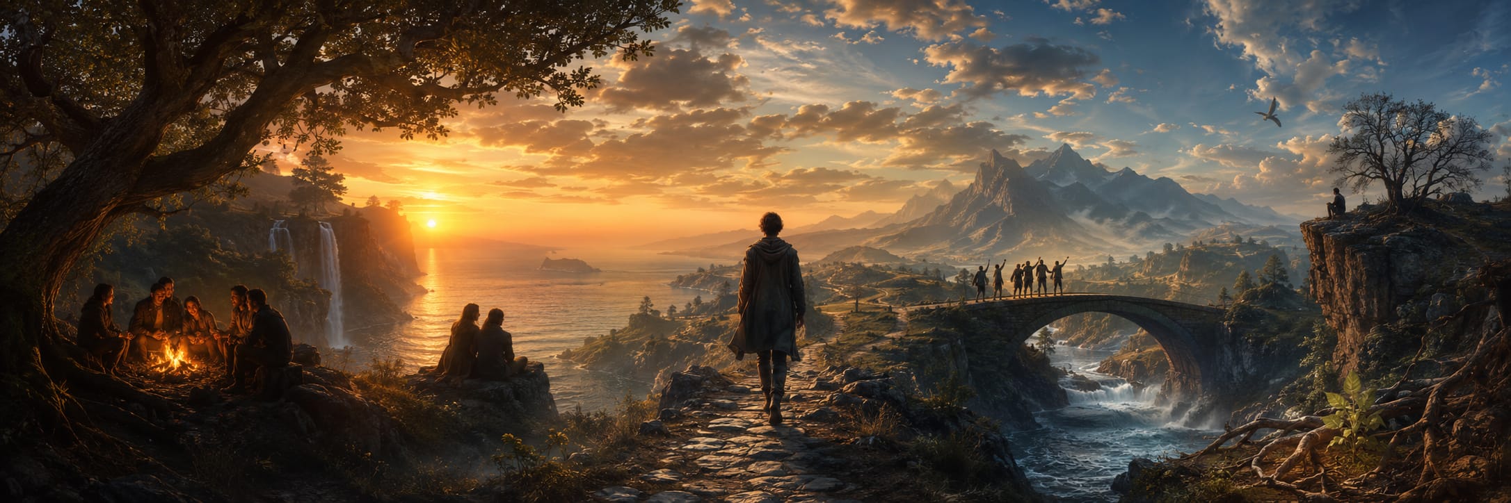 A person walks toward a stone bridge at sunset; groups gather by a campfire with mountains in the background.