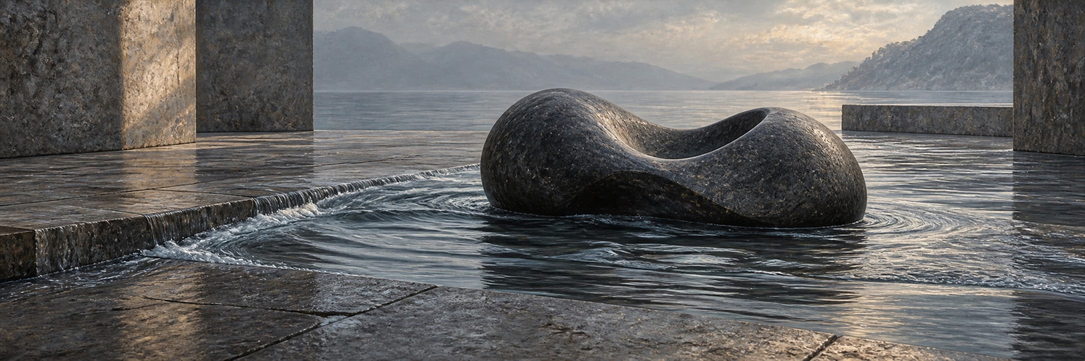 A dark curved stone sculpture rests in shallow water on a stone terrace.