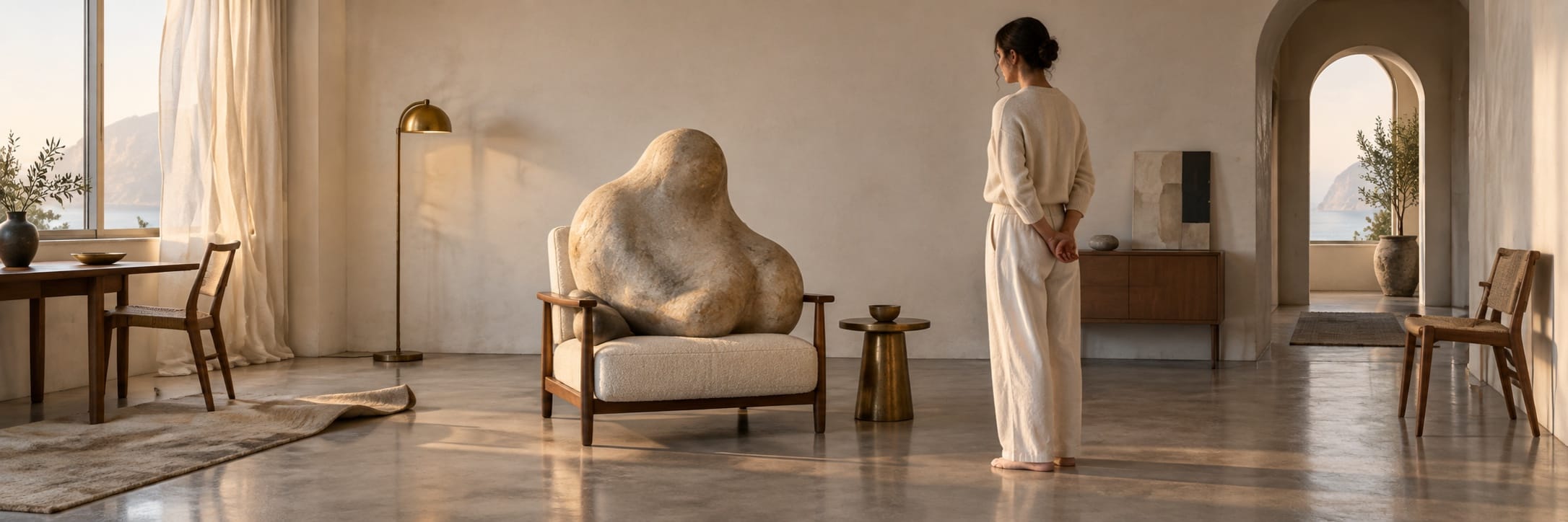 A woman stands in a surreal, minimalist living room, where a large stone sits improbably on an armchair.