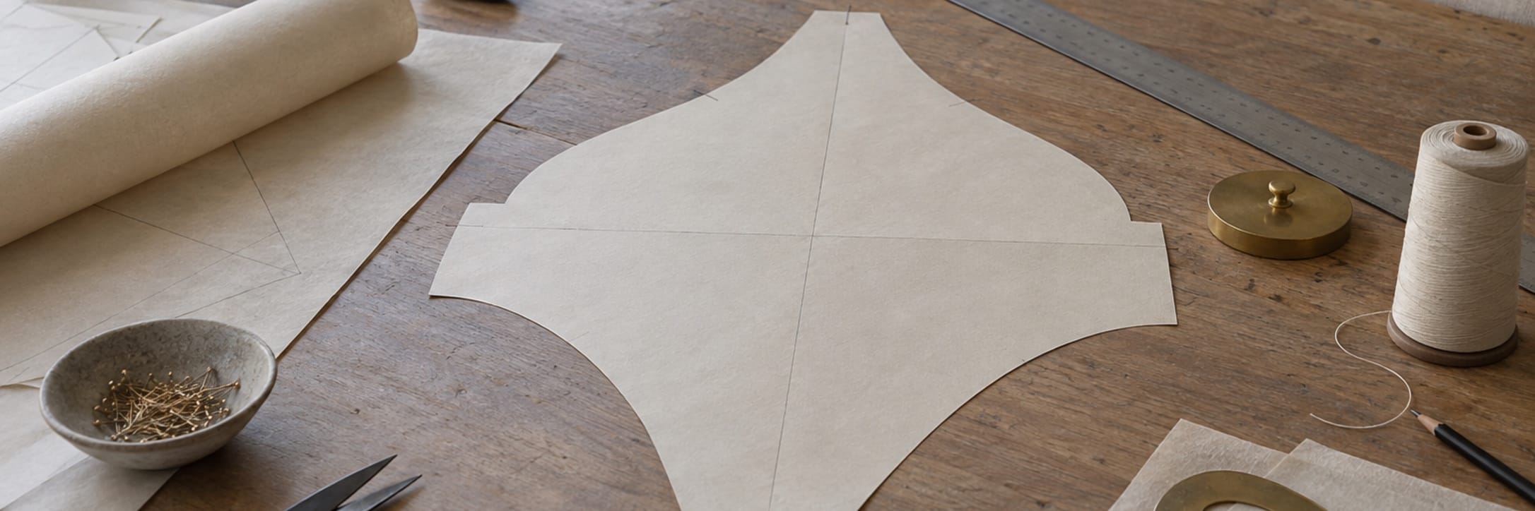 An irregular paper pattern lies among rulers, thread and fabric on a worktable.
