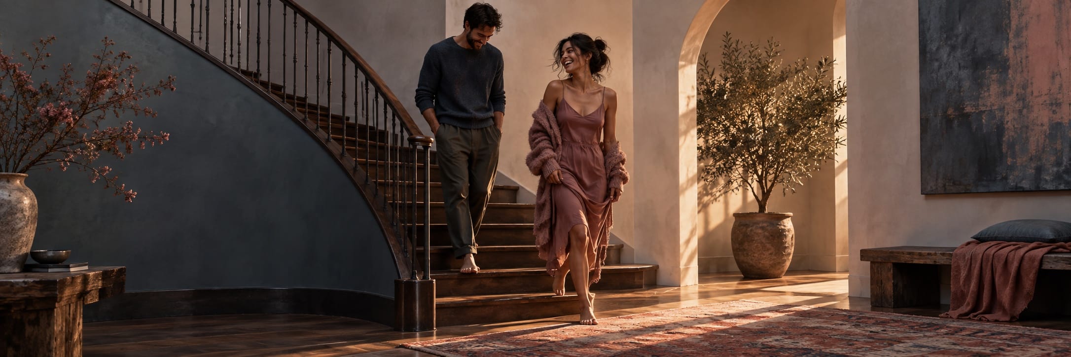 A man and woman walk down wooden stairs in a modern home.