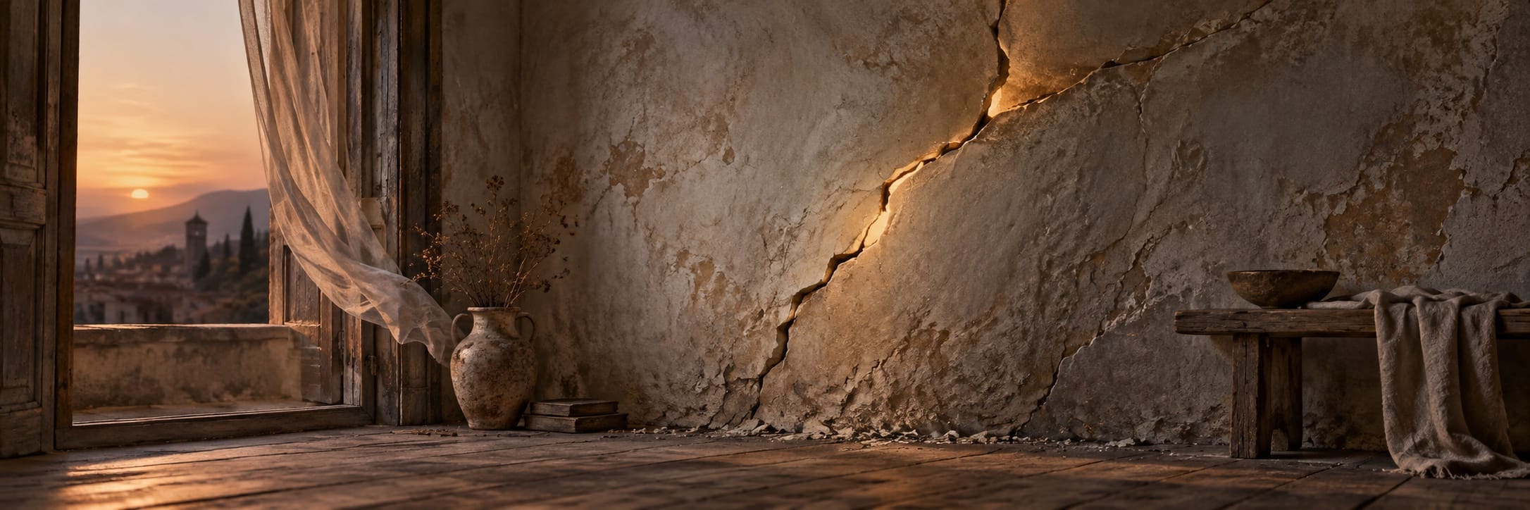 A surreal room with cracked walls, wooden floor, a bench, vase, books, and open doors revealing a fantastical sunset.