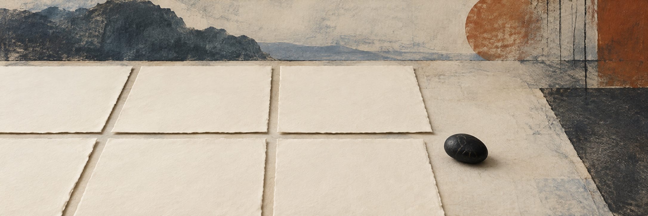 A small black stone rests beside blank cream sheets on a tiled surface.
