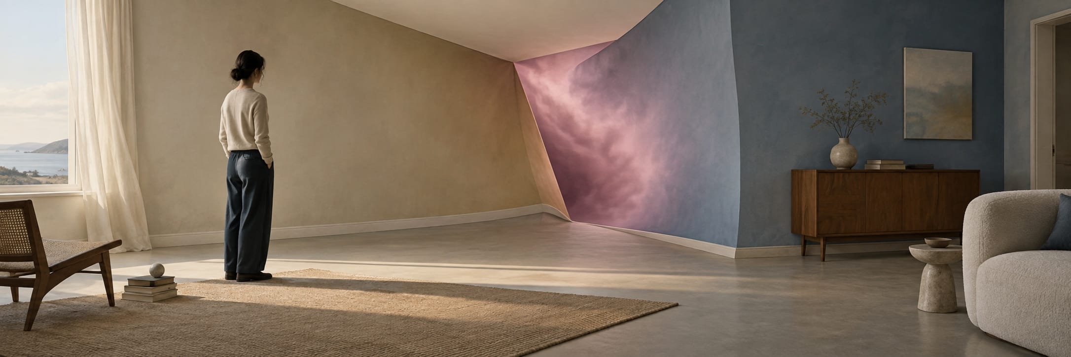 A person stands in a modern room with neutral colors, looking toward a surreal pink geometric opening in the wall.
