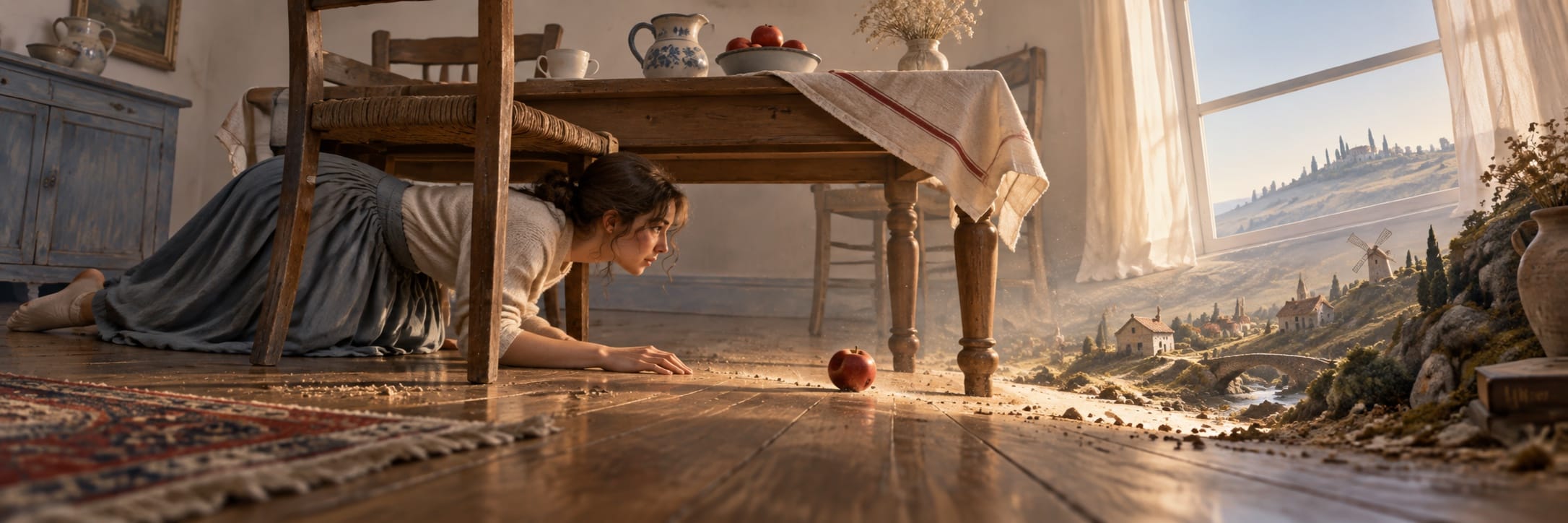 A woman lies under a table, reaching for an apple, with a fantastical landscape visible through a window in the background.